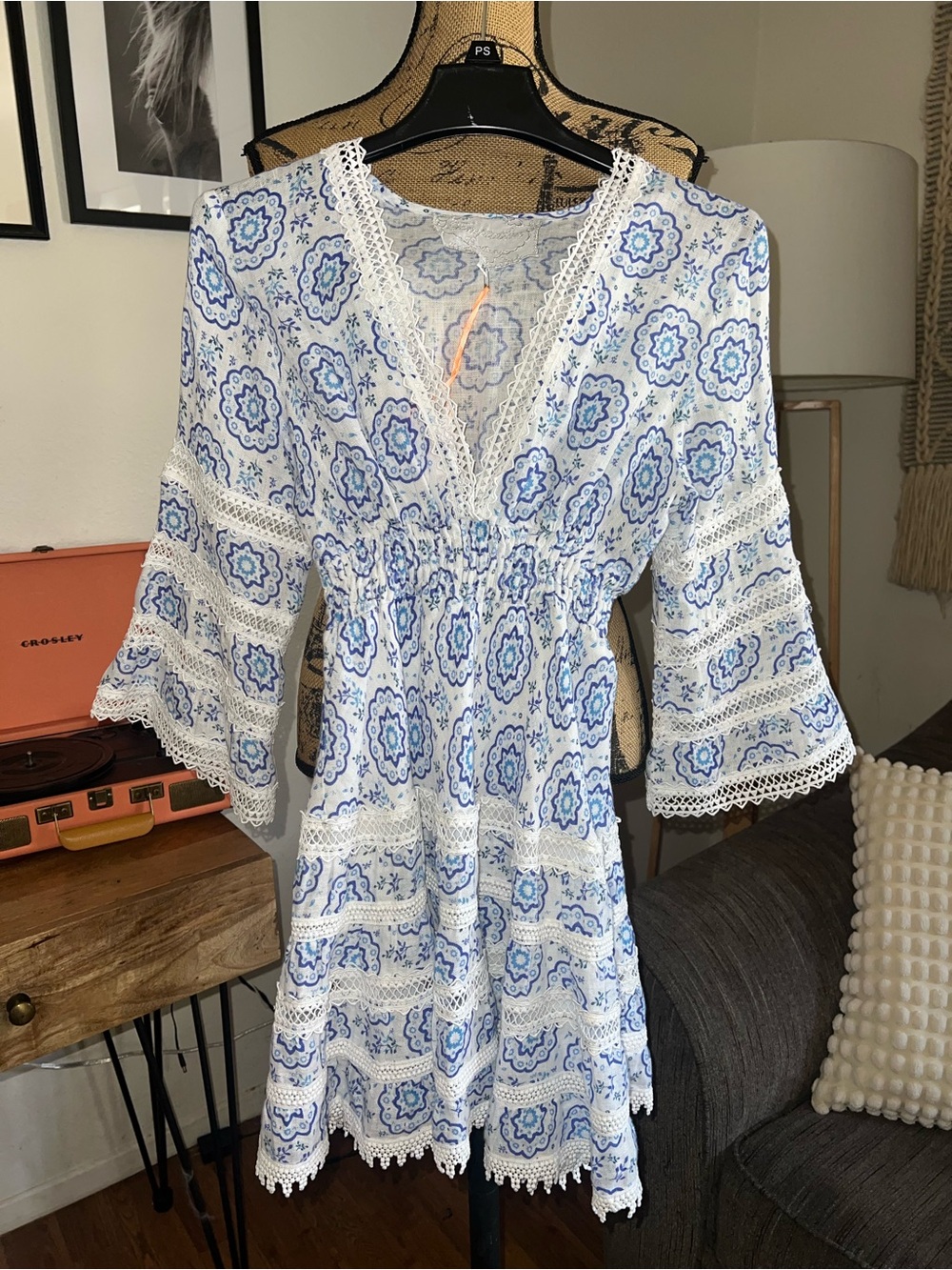 Temptation Positano Blue & White Linen Shirt Bell Sleeve Dress Size Small - Picture 5 of 13